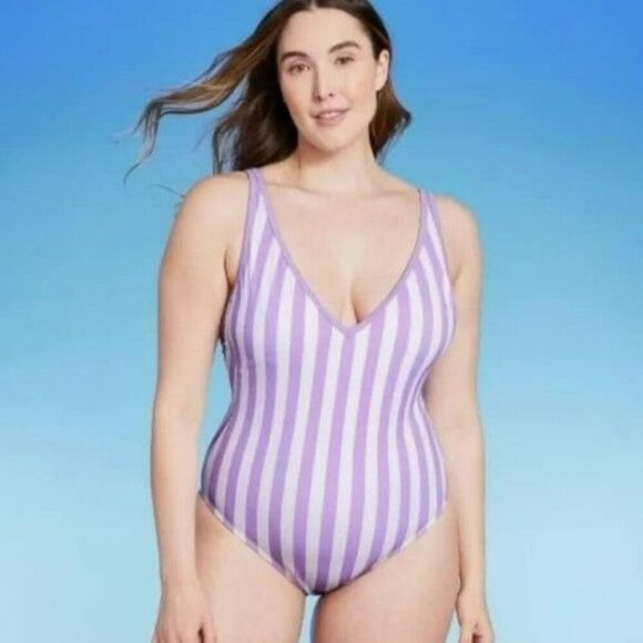 Kona Sol Purple & White Striped One-Piece Swimsuit With Adjustable Straps Size L - Picture 1 of 5